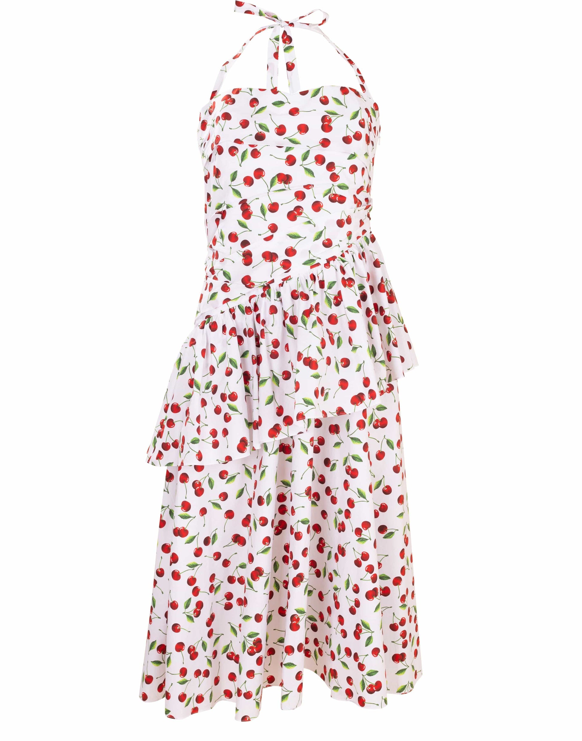 MICHAEL KORS-Cherry Print Ruched Peplum Halter Dress-