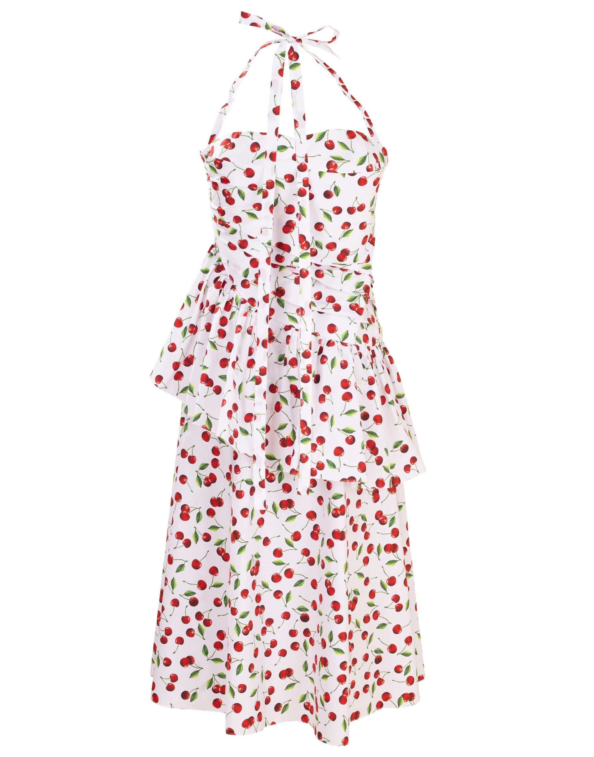 MICHAEL KORS-Cherry Print Ruched Peplum Halter Dress-