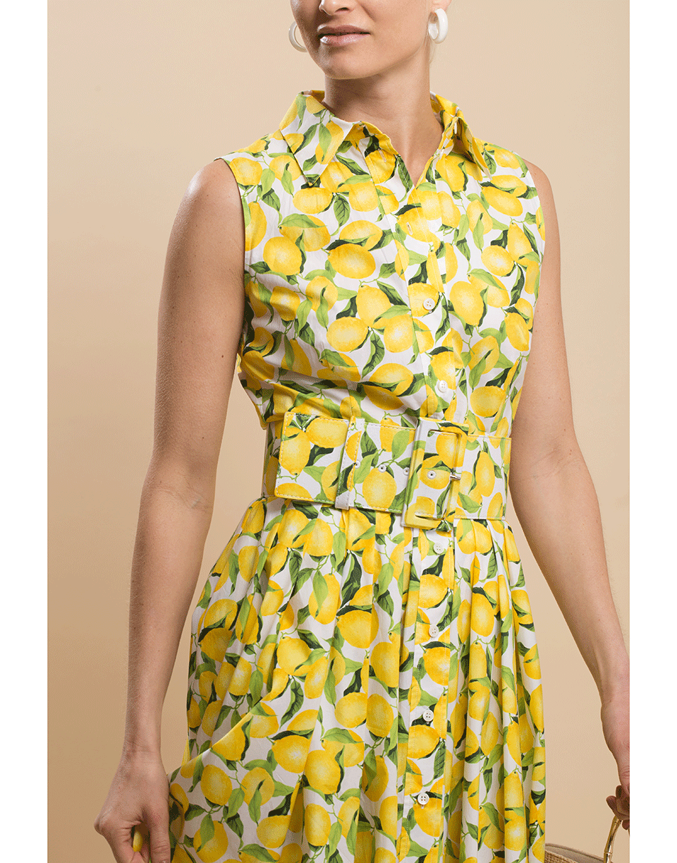 MICHAEL KORS-Sleeveless Lemon Print Belted Shirt Dress-