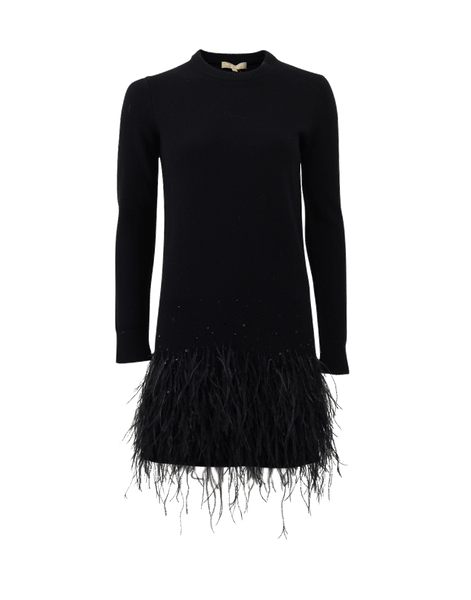 Fully embroidered black dress with feathers