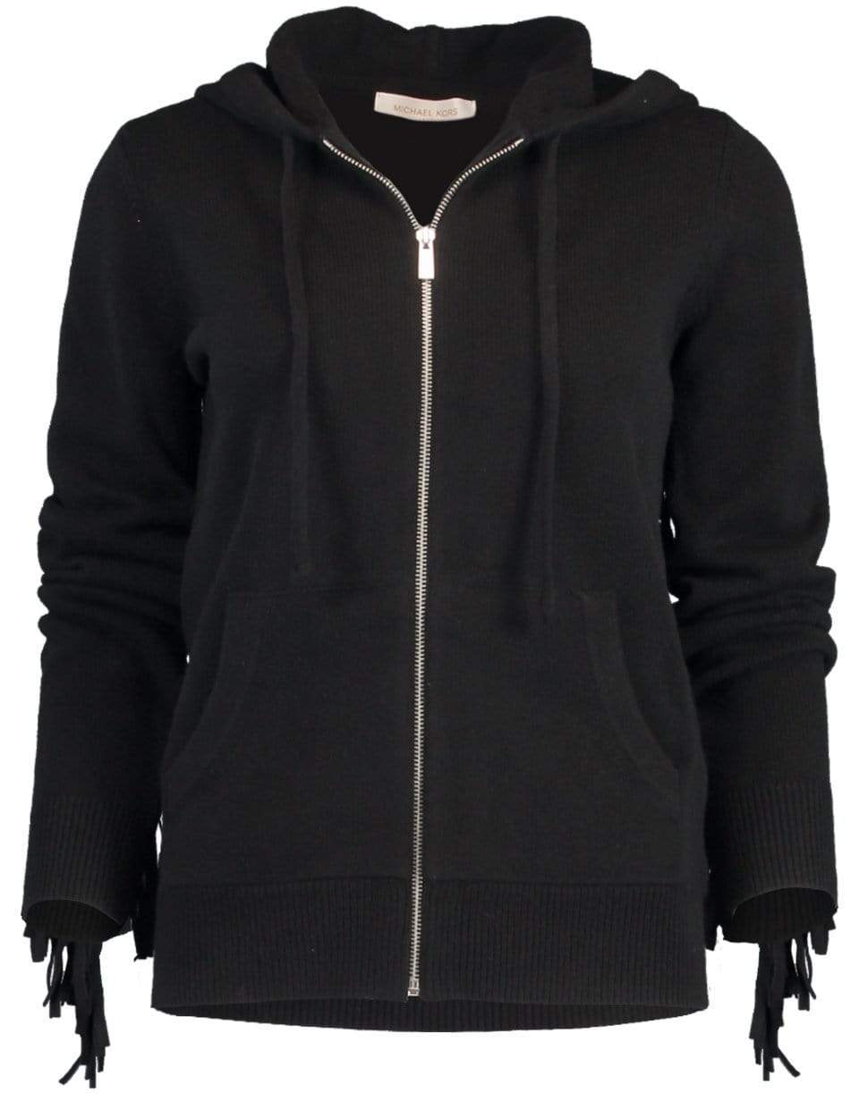 MICHAEL KORS-Black Cashmere and Suede Fringe Hoodie-