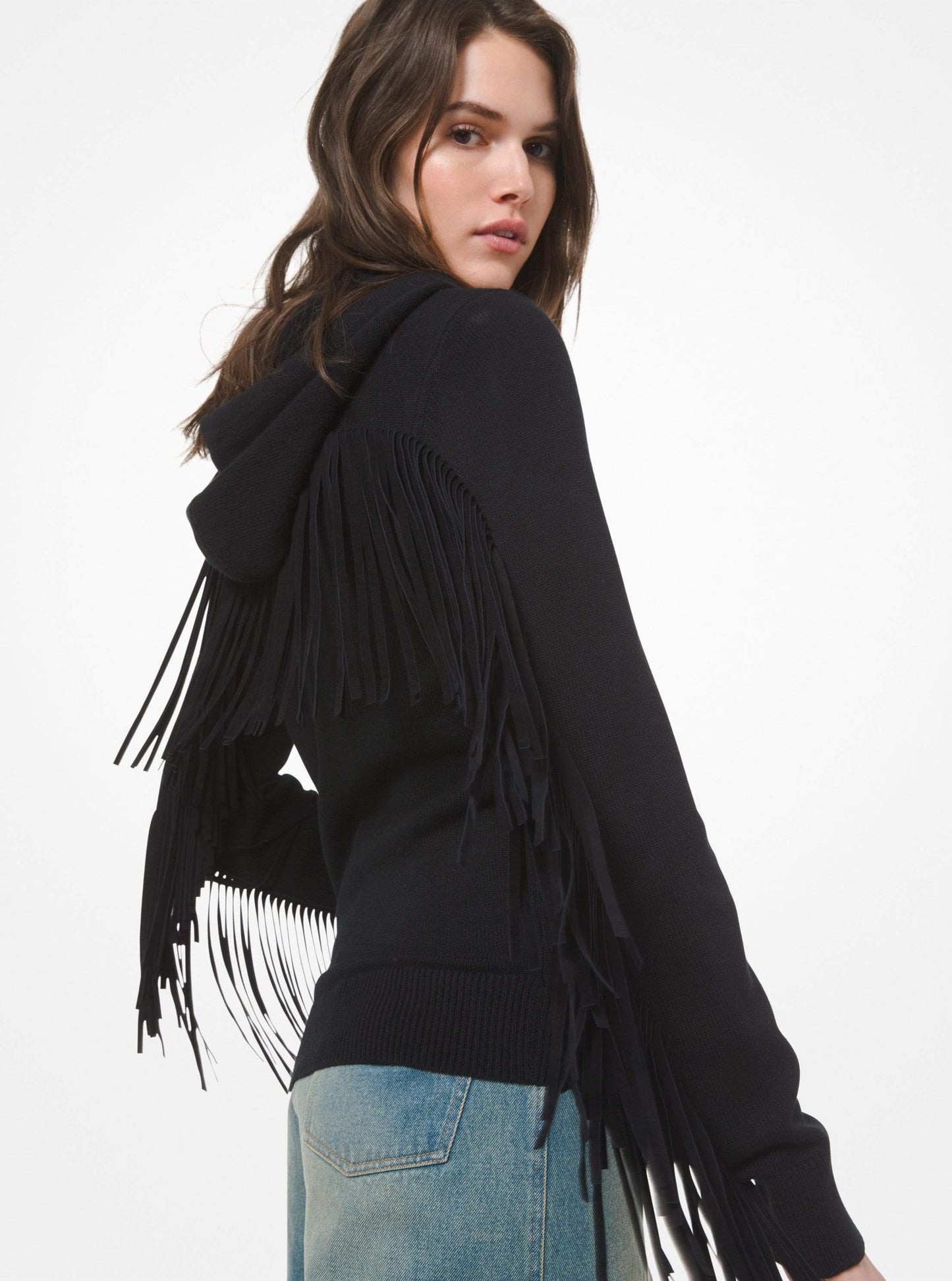 MICHAEL KORS-Black Cashmere and Suede Fringe Hoodie-
