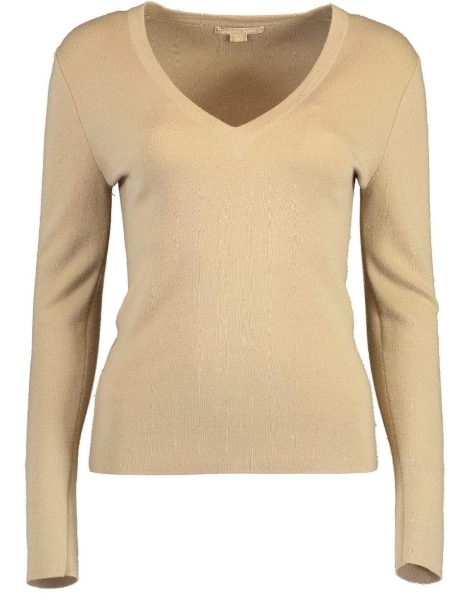 MICHAEL KORS-Super Cashmere Long Sleeve V-Neck Sweater-BROWN