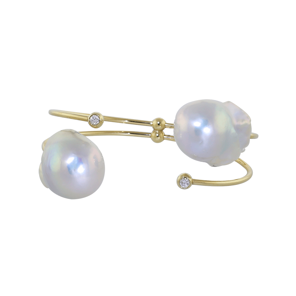 MIZUKI-Double White Freshwater Pearl And Diamond Open Cuff-YELLOW GOLD