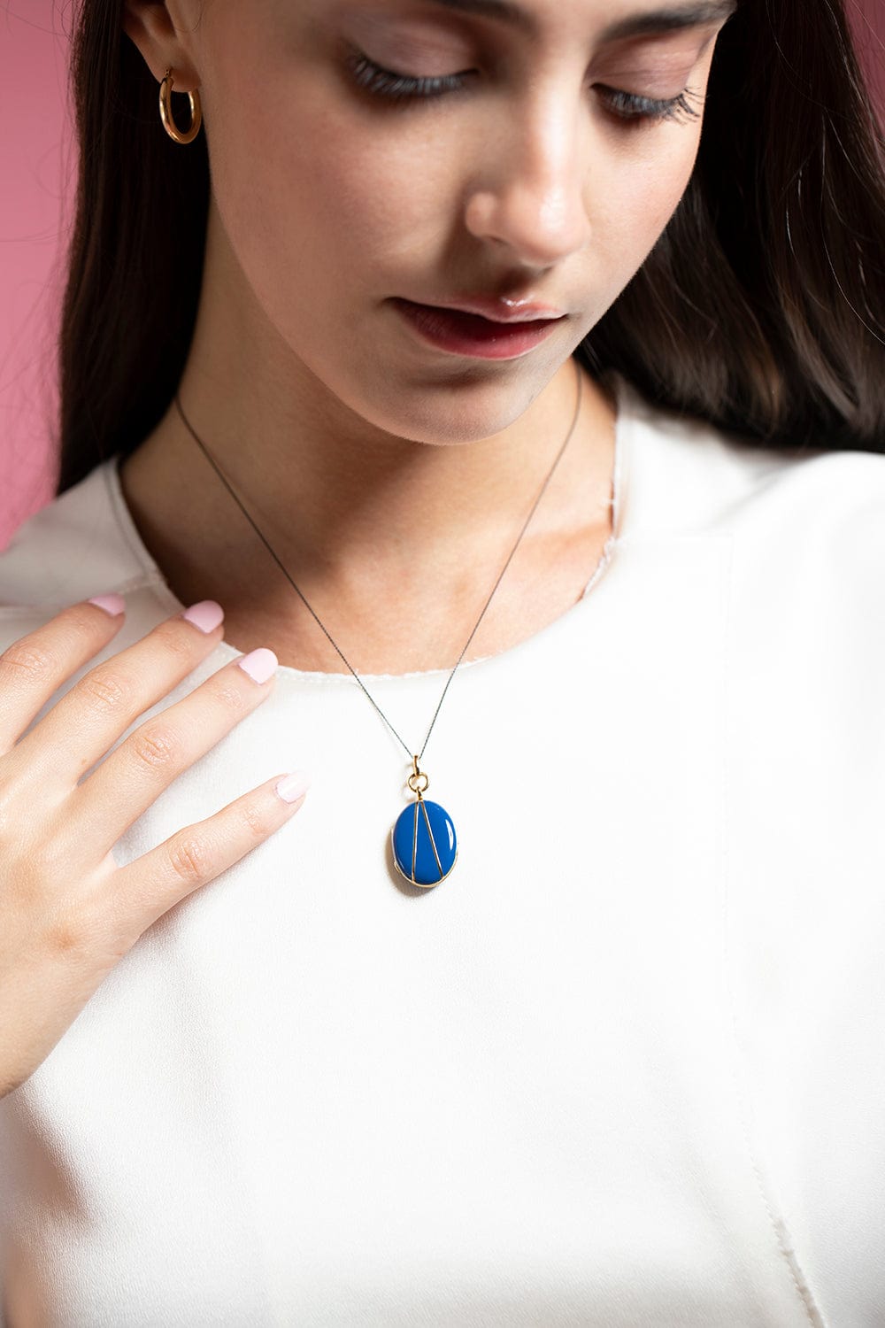 MONICA RICH KOSANN-Blue Enamel Vermeil Oval Locket Necklace-YELLOW GOLD