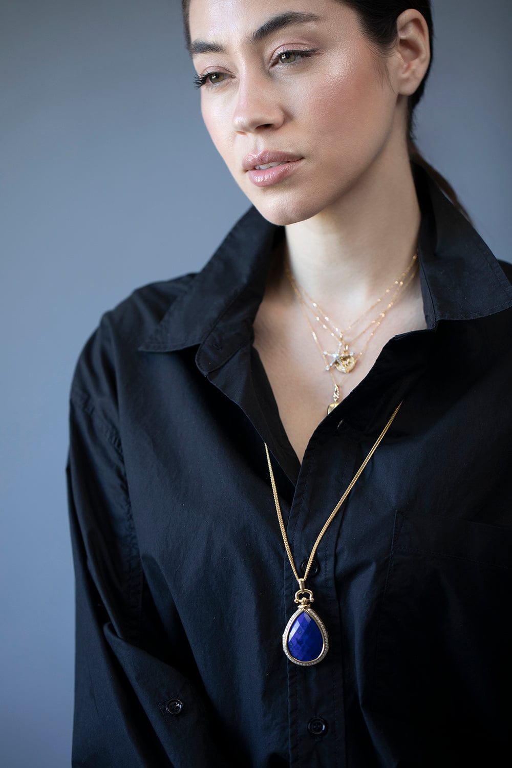 MONICA RICH KOSANN-Lapis Teardrop Locket Necklace-YELLOW GOLD