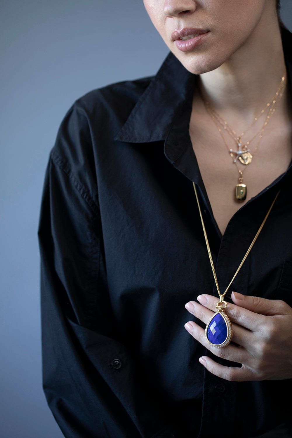 MONICA RICH KOSANN-Lapis Teardrop Locket Necklace-YELLOW GOLD