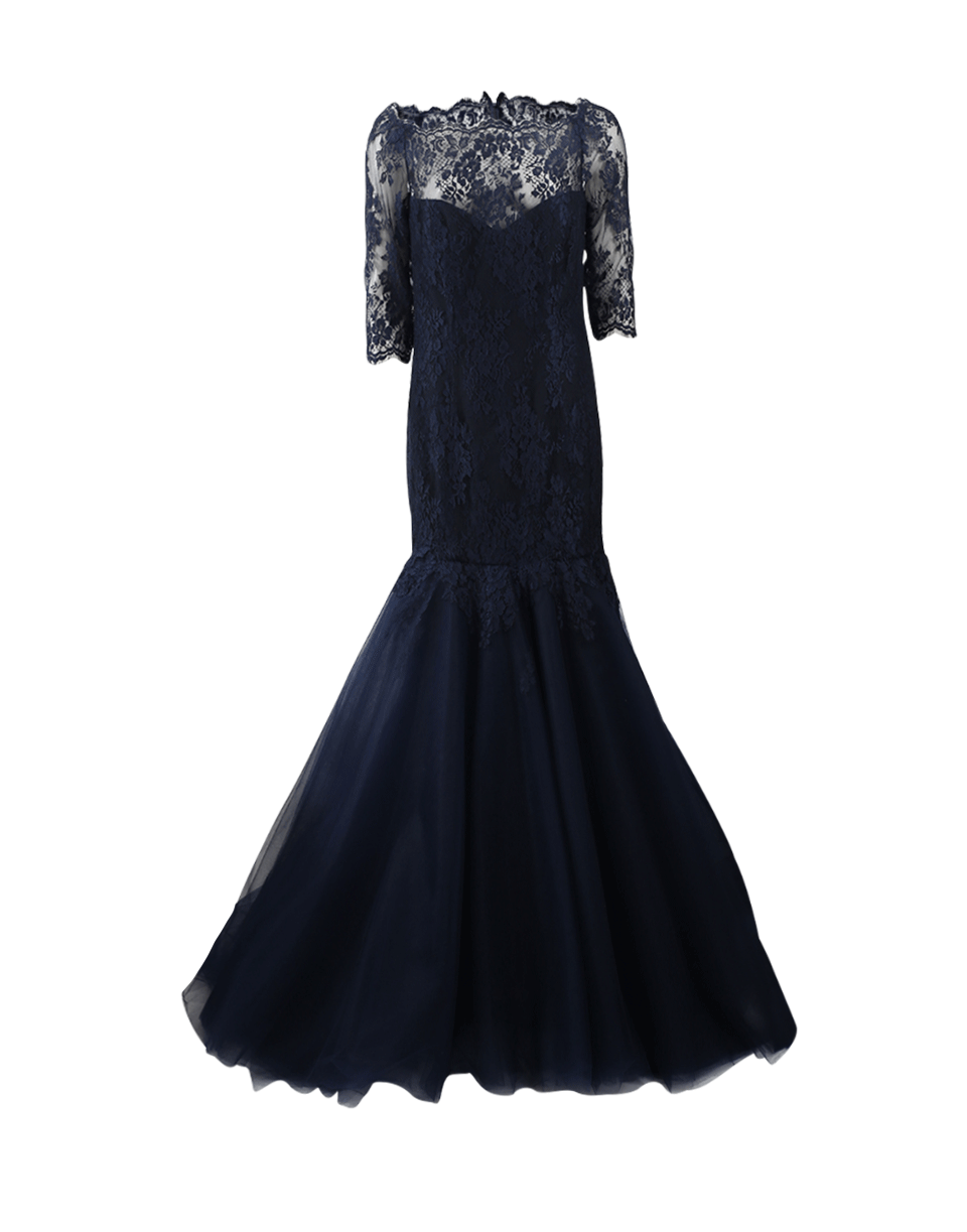 MONIQUE LHUILLIER-Lace Over Tulle Gown-MIDNIGHT