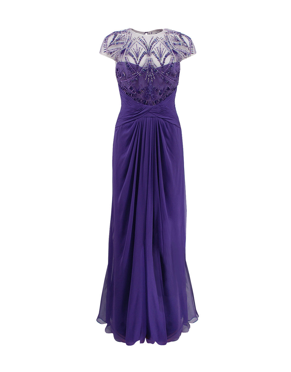 MONIQUE LHUILLIER-Embroidered Jewelneck Drape Gown-PLUM