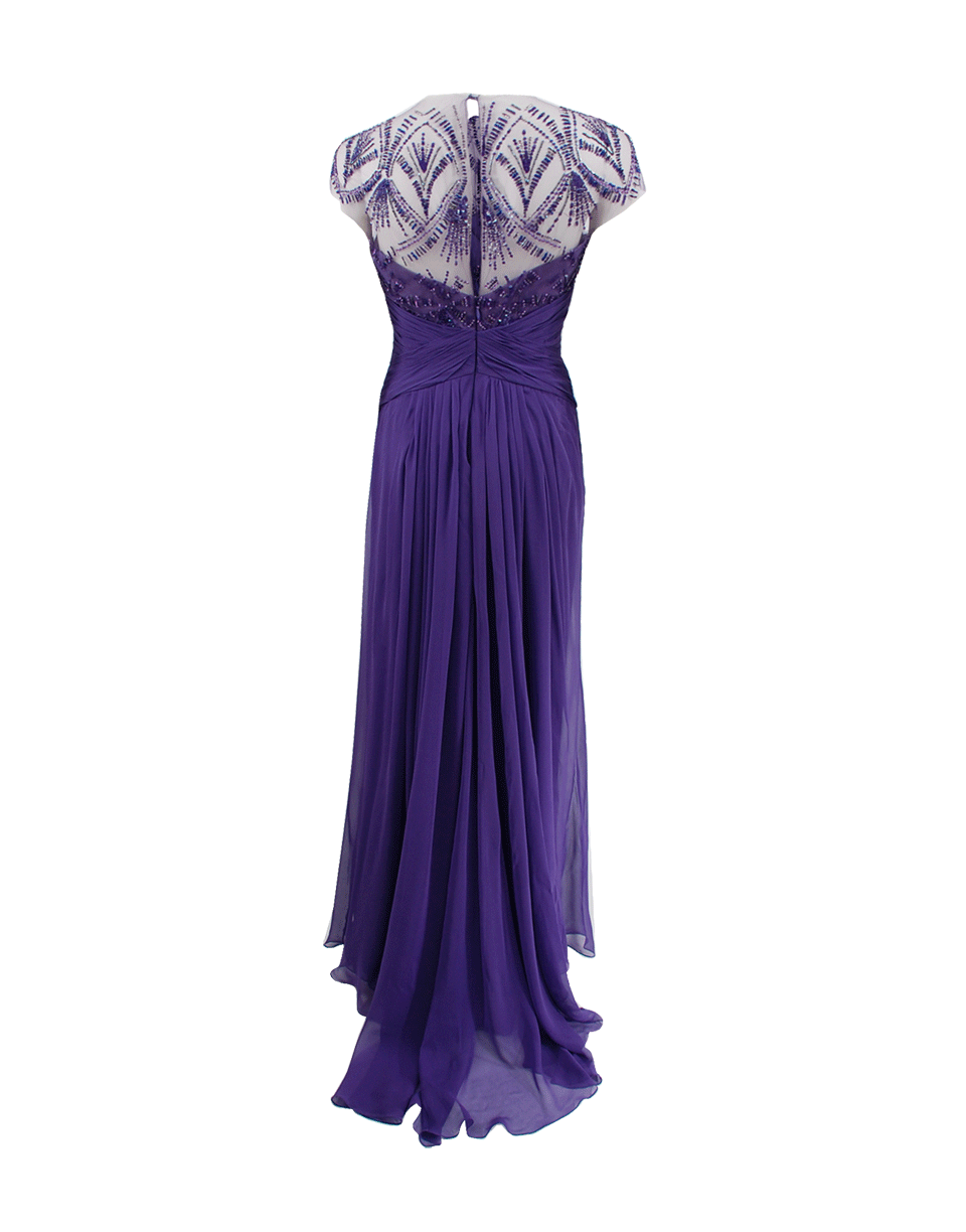 MONIQUE LHUILLIER-Embroidered Jewelneck Drape Gown-PLUM