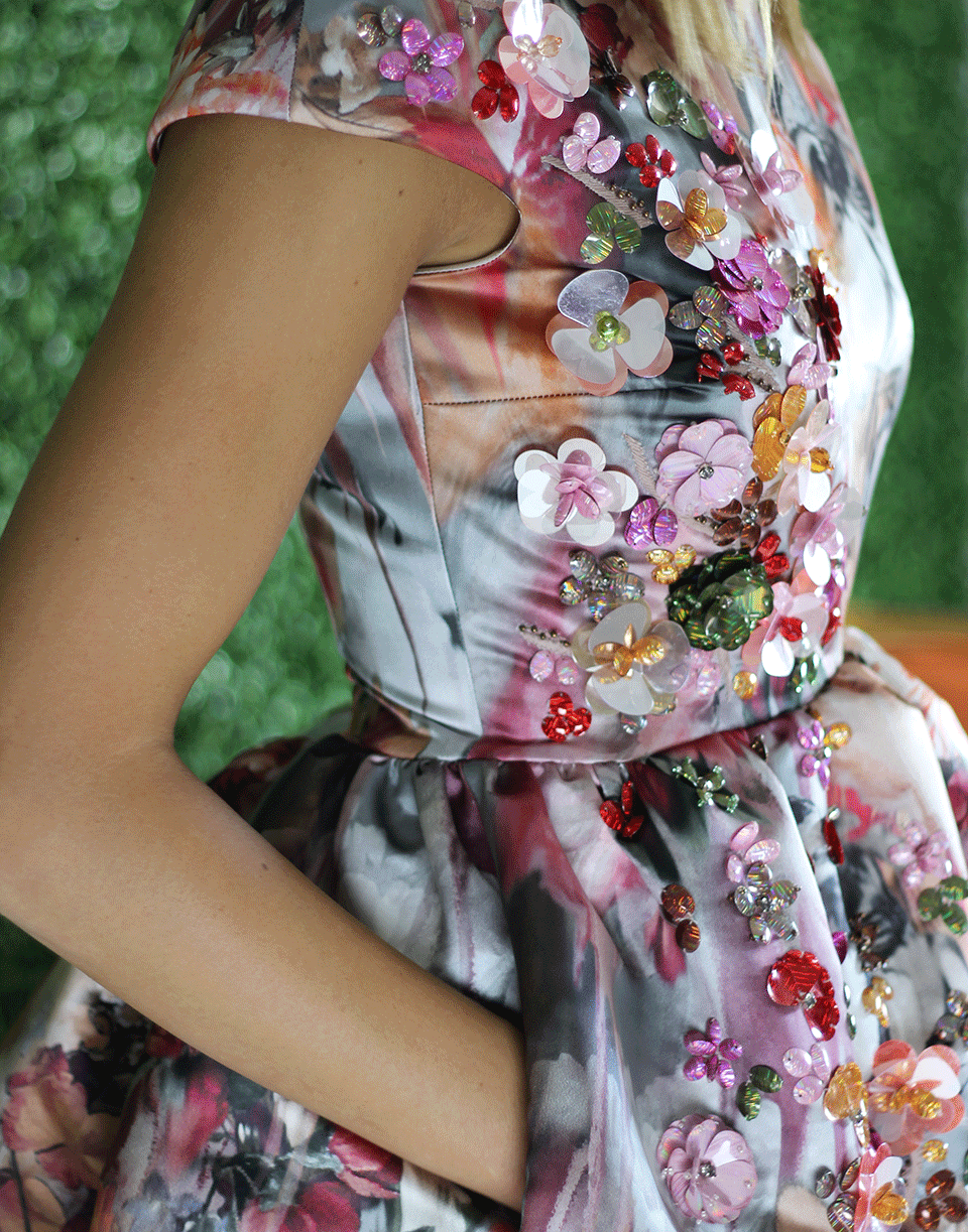 MSGM-Floral Printed Techno Duchesse Dress-PINK/MLT