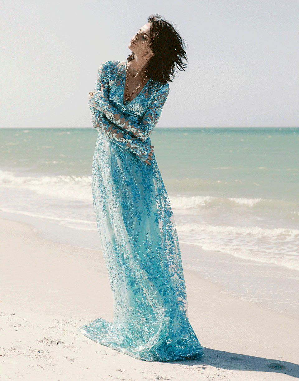 NAEEM KHAN-Aqua Long Sleeve Paillette Embroidered Gown-AQUA