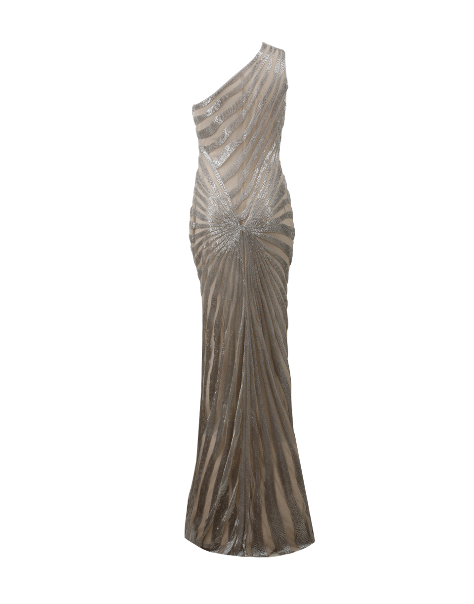 NAEEM KHAN-One-Shoulder Starburst Gown-SLVR/NUD