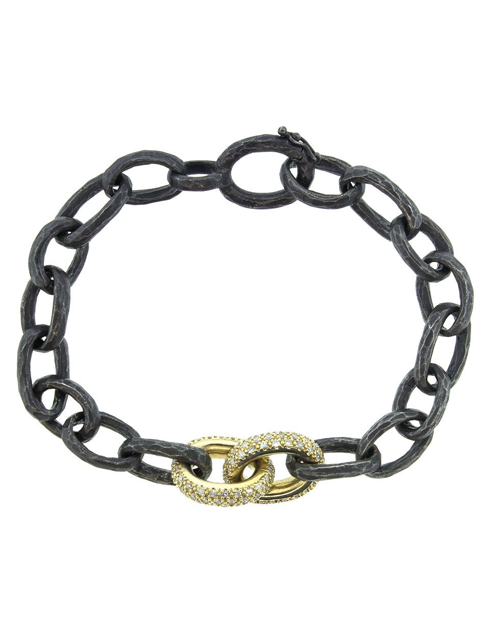 NANCY NEWBERG-Diamond Gold Link Oxidized Silver Hammered Bracelet-YELLOW GOLD