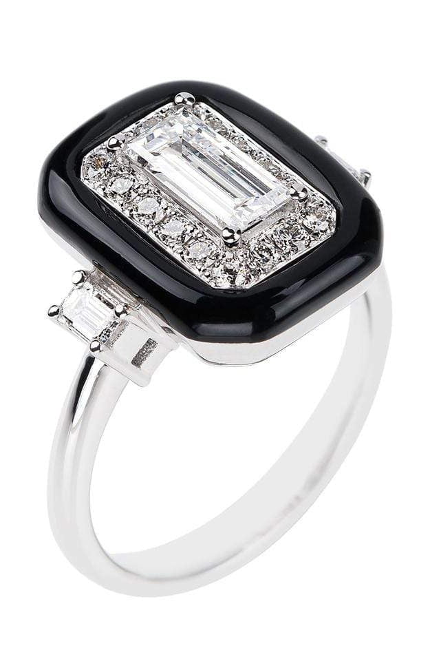 NIKOS KOULIS-Oui Emerald Cut Diamond and Black Enamel Ring-WHITE GOLD