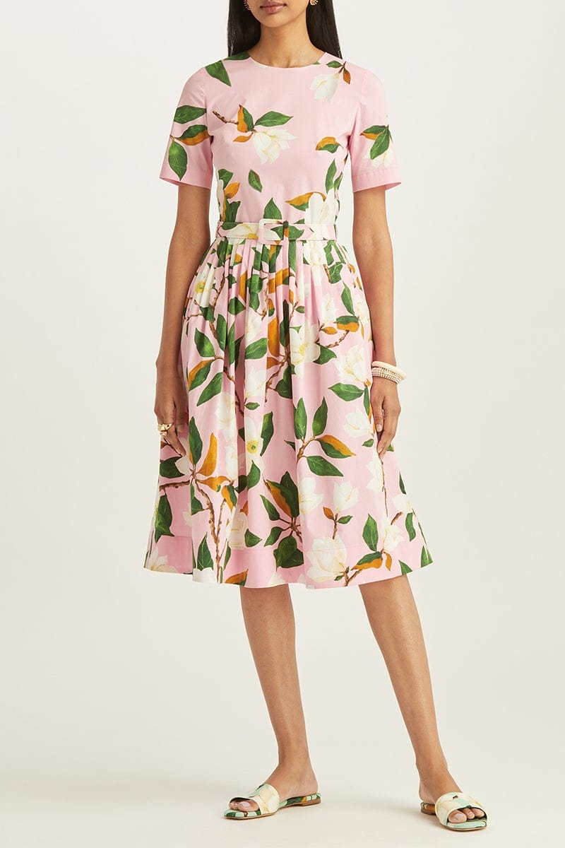 OSCAR DE LA RENTA-Belted Magnolia Flower Poplin Dress-