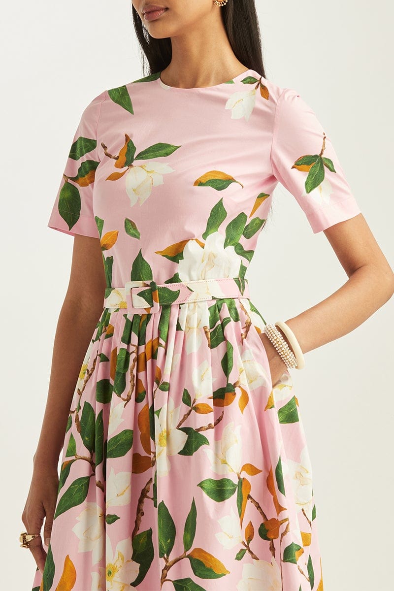 OSCAR DE LA RENTA-Belted Magnolia Flower Poplin Dress-