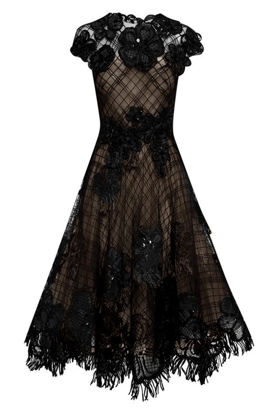 OSCAR DE LA RENTA-Cap Sleeve Raffia Floral Midi Dress-BLACK