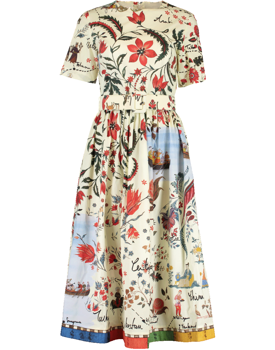 OSCAR DE LA RENTA-Full Bottom Belted Print Dress-