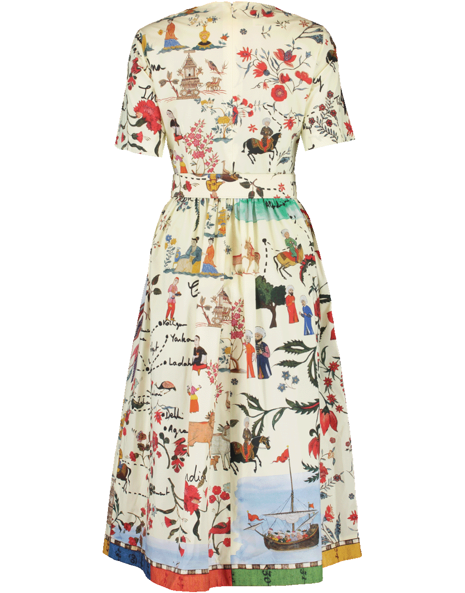 OSCAR DE LA RENTA-Full Bottom Belted Print Dress-