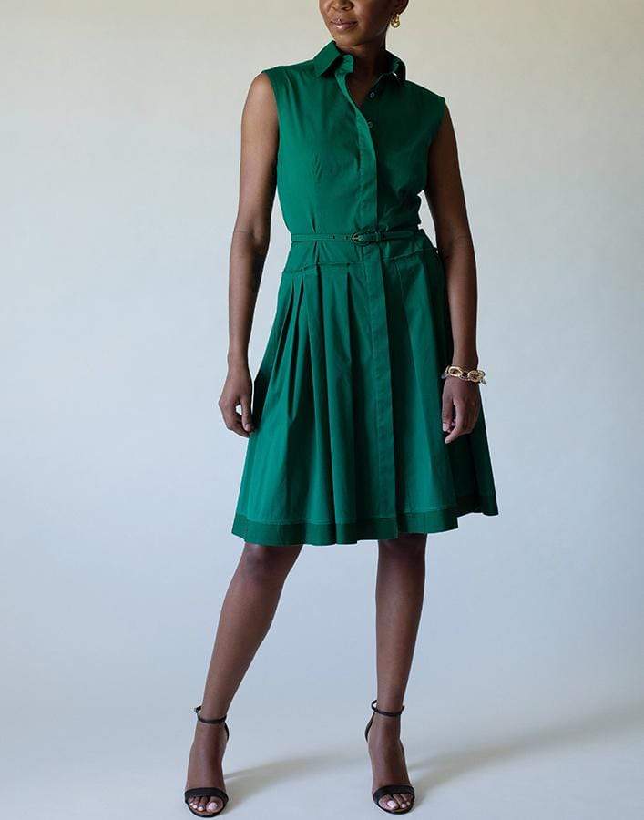OSCAR DE LA RENTA-Sleeveless Button Front Belted Dress-GREEN