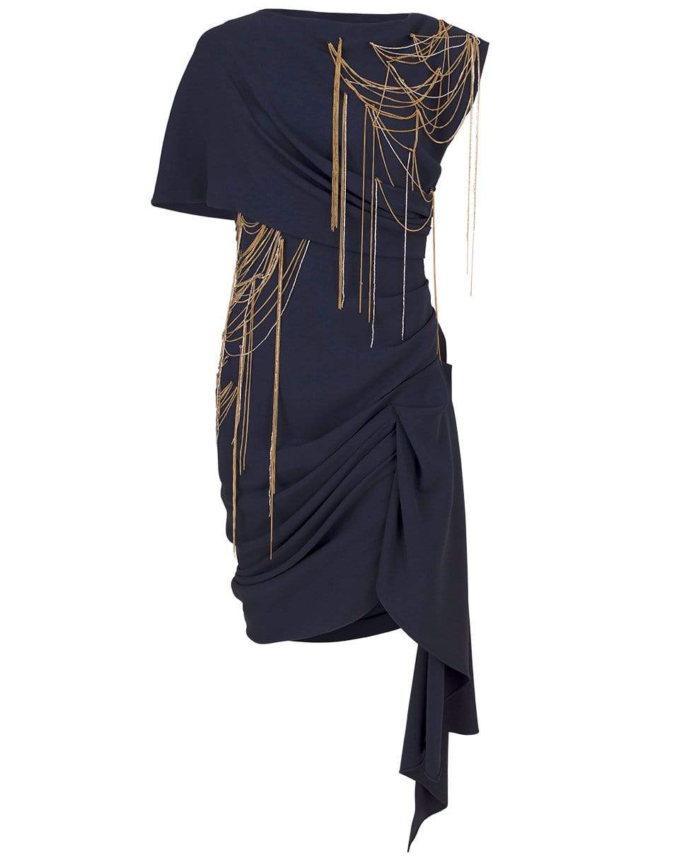 OSCAR DE LA RENTA-Chain Embellished Draped Mini Dress-NAVY
