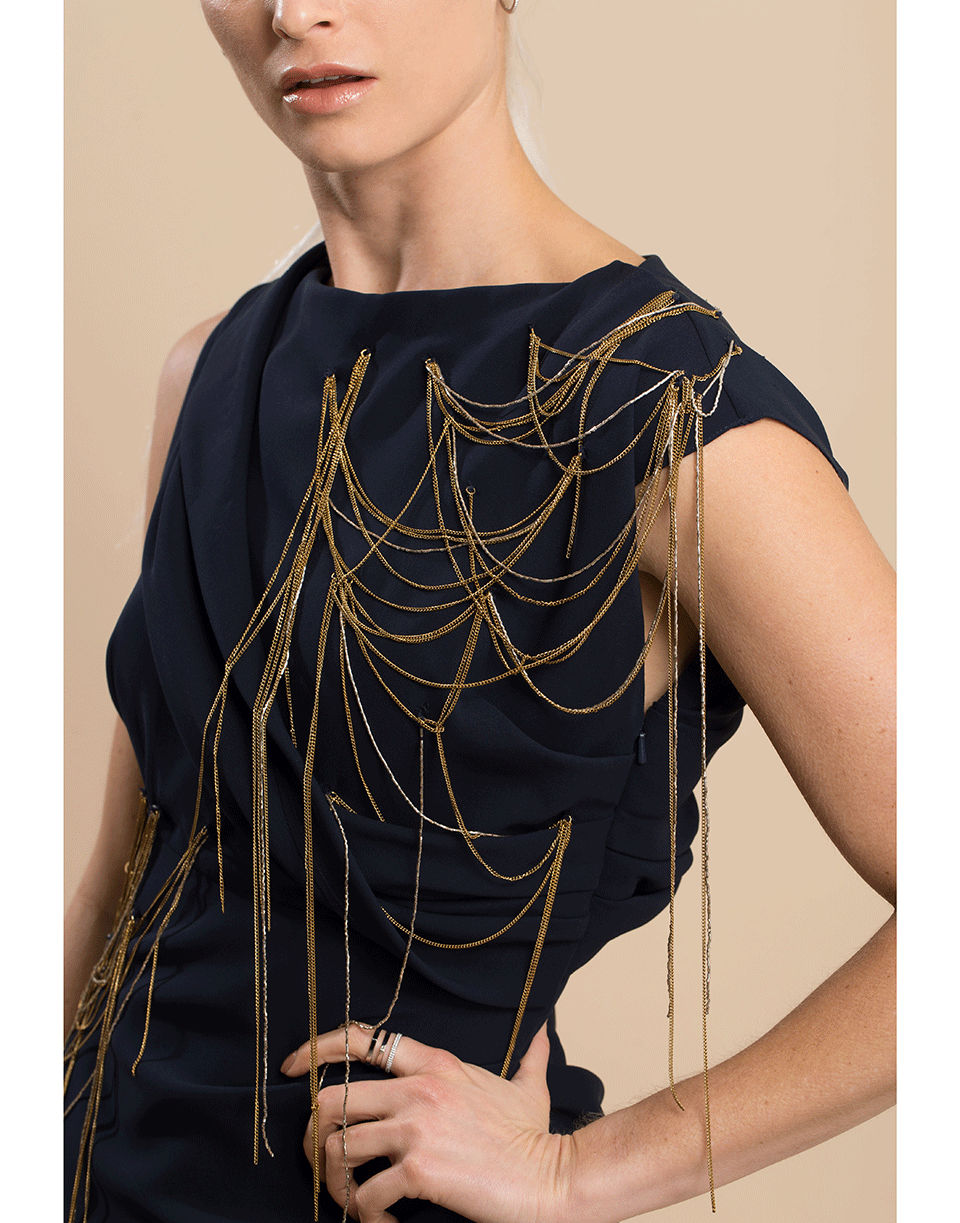 OSCAR DE LA RENTA-Chain Embellished Draped Mini Dress-NAVY