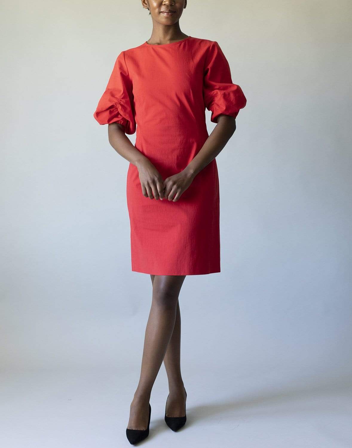 OSCAR DE LA RENTA-Scarlet Elbow Sleeve Slim Cotton Dress-RED