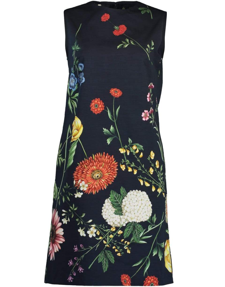 OSCAR DE LA RENTA-Tossed Botanical Print Sleeveless Shift Dress-