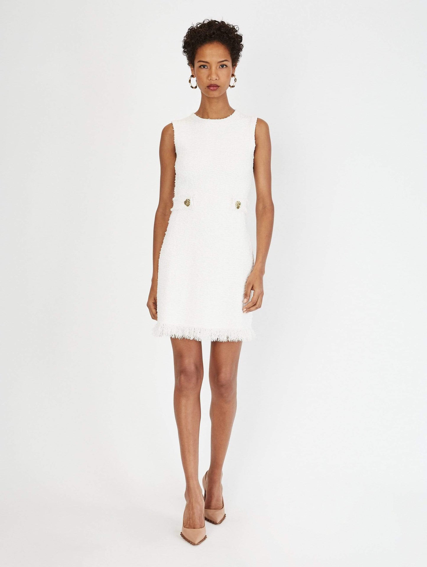 OSCAR DE LA RENTA-White Sleeveless Tweed Sheath Belted Dress-