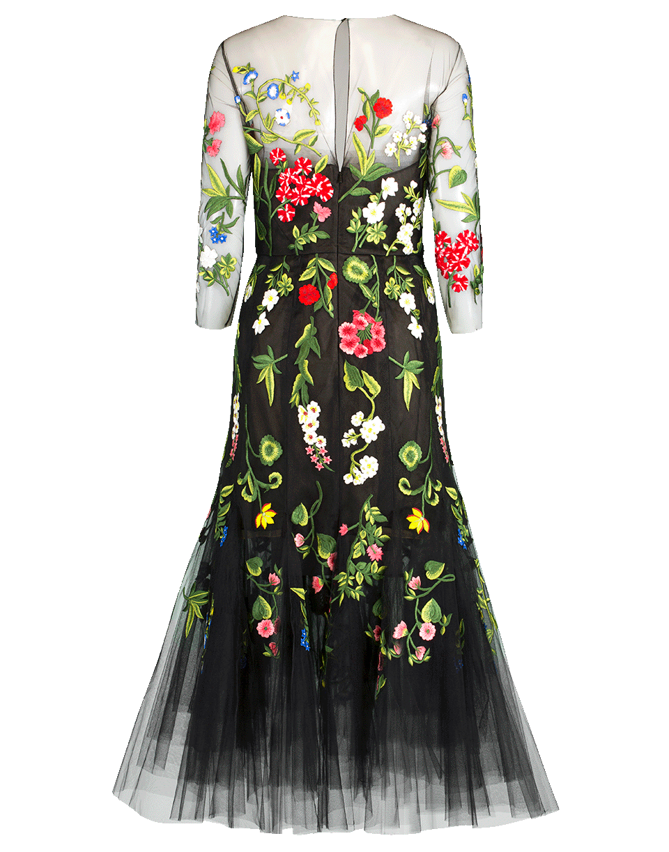 OSCAR DE LA RENTA-Flower Embroidered Tulle Cocktail Dress-BLACK