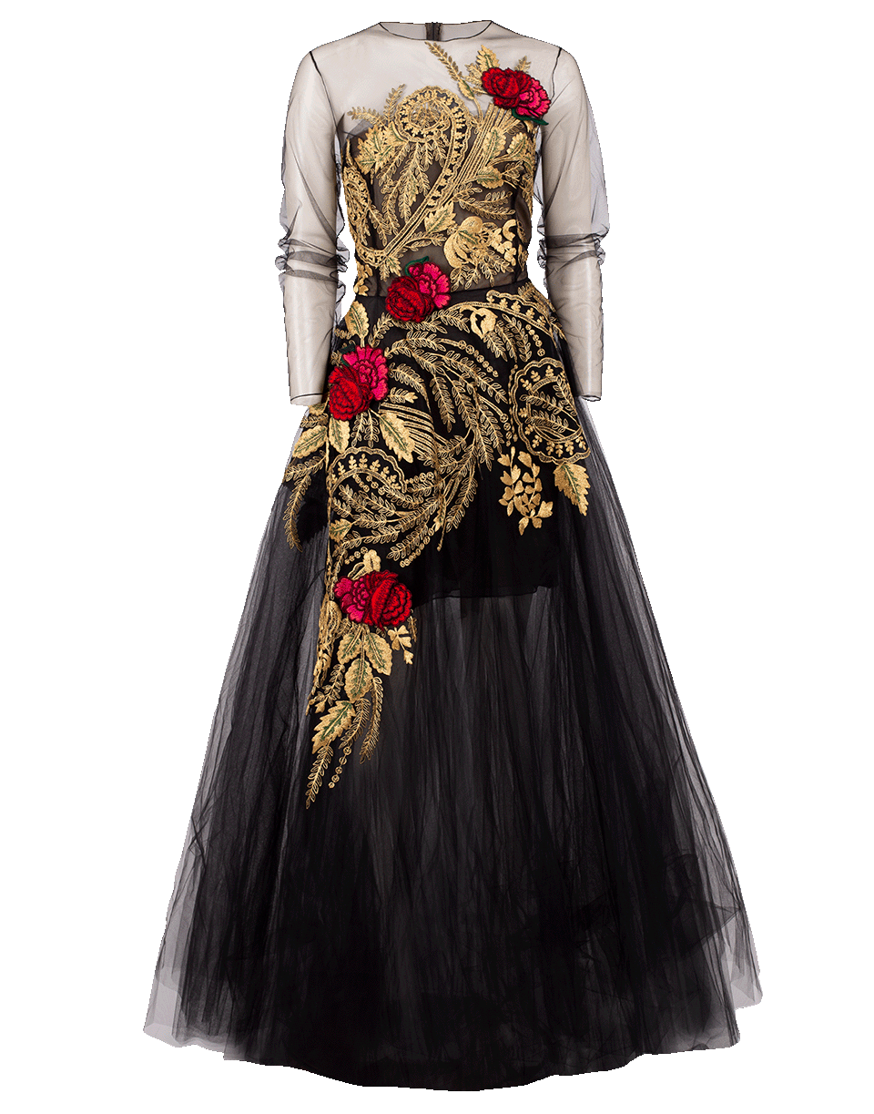 OSCAR DE LA RENTA-Metallic Floral Embroidered Tulle Gown-BLACK