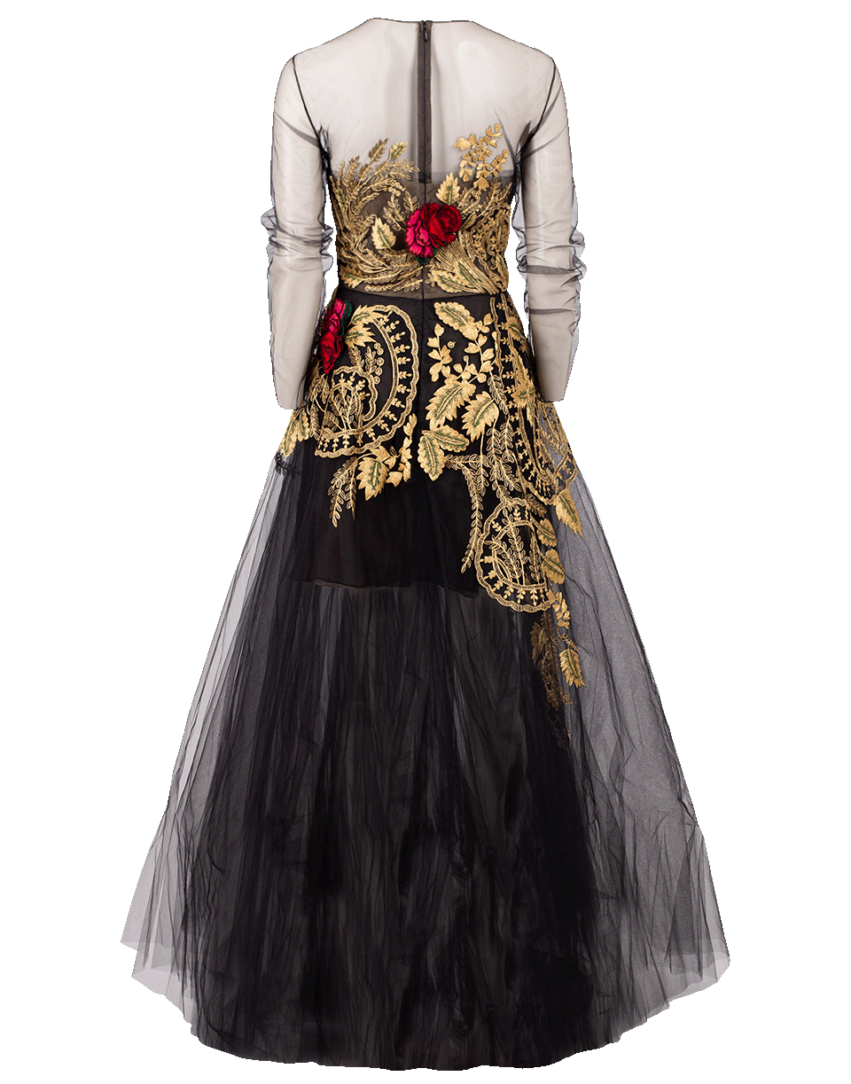 OSCAR DE LA RENTA-Metallic Floral Embroidered Tulle Gown-BLACK