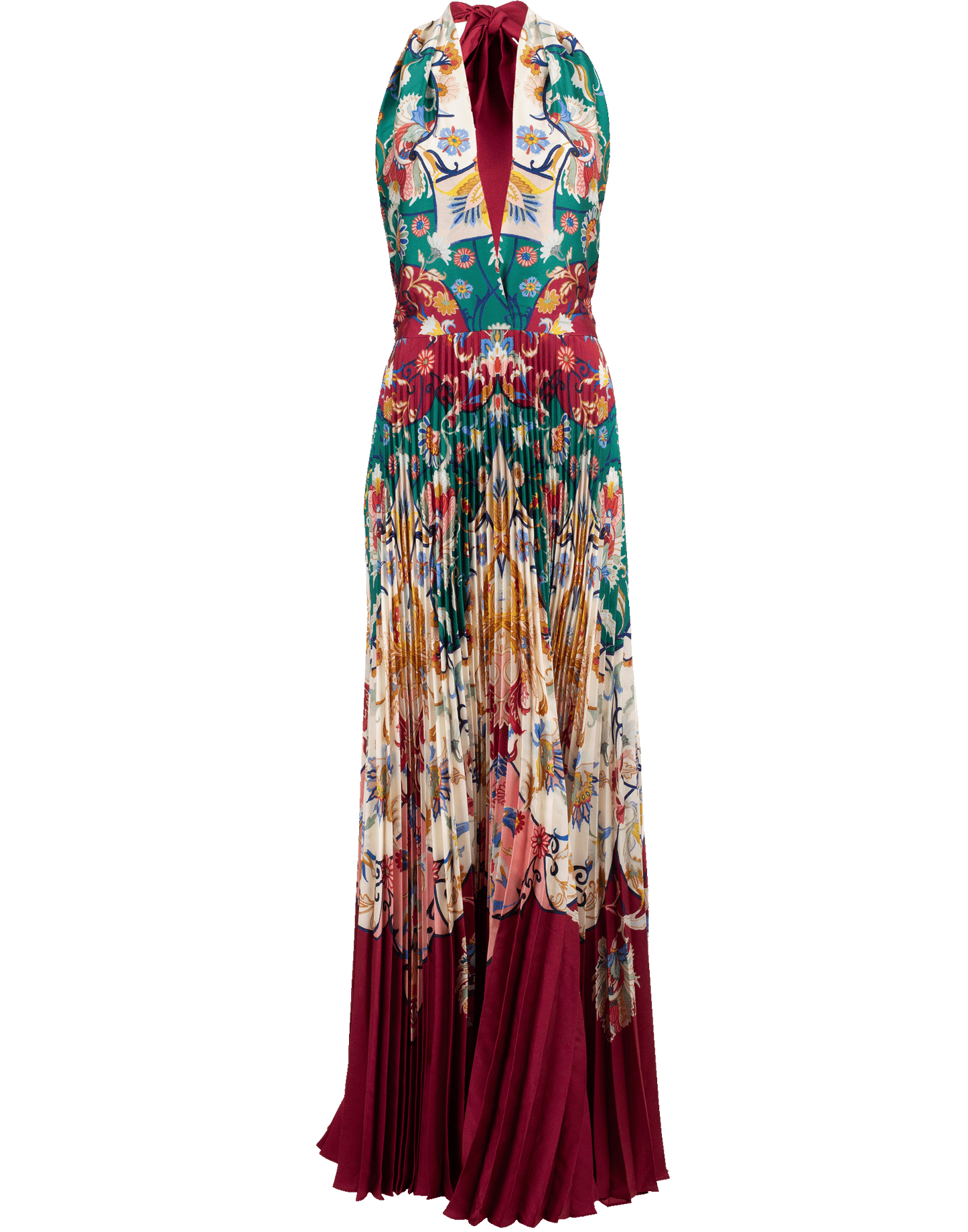 OSCAR DE LA RENTA-Halter-Neck Paisley Print Pleated Gown-CLARET