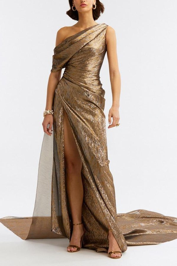 One side panelled embroidered drape gown - ruceru