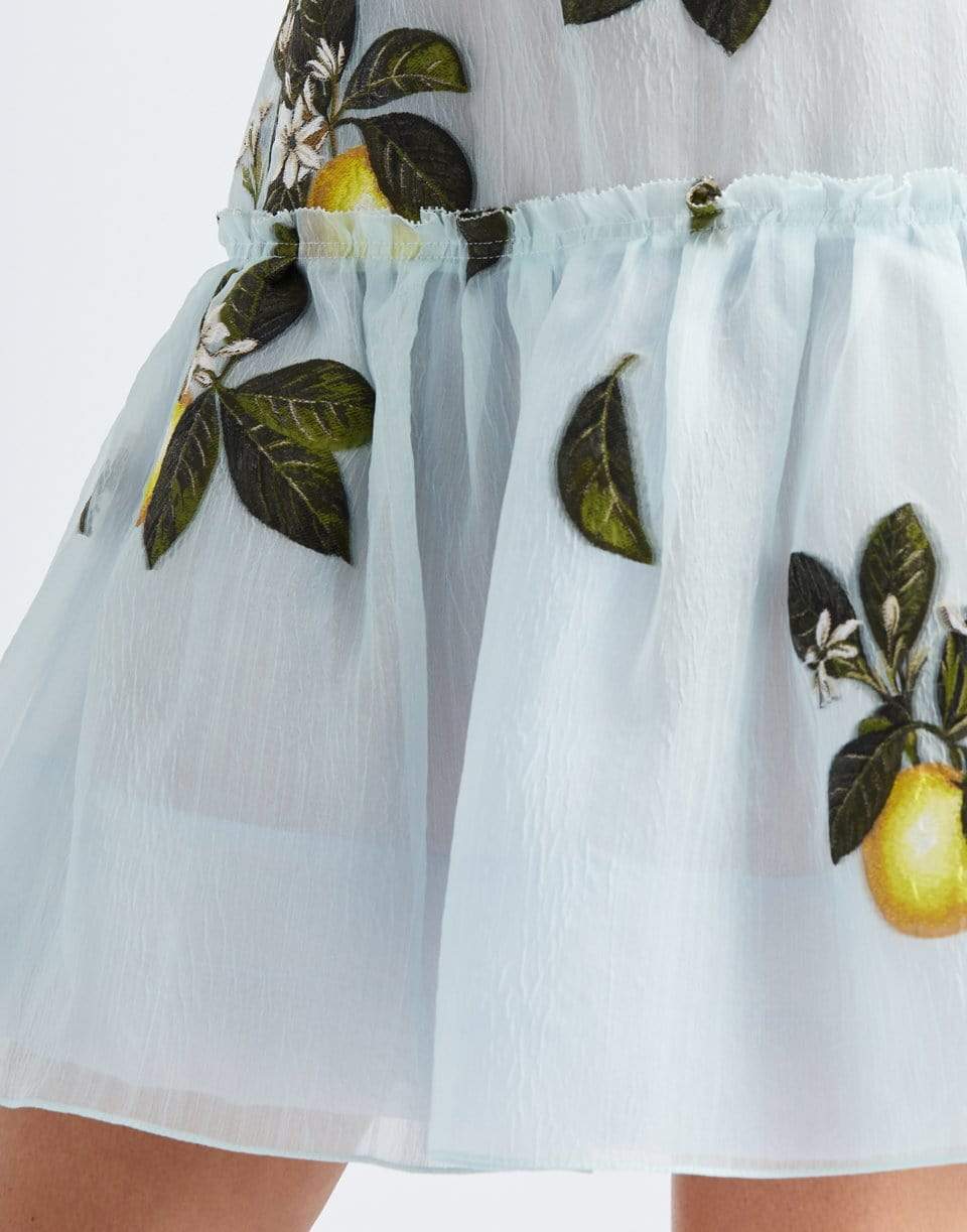 OSCAR DE LA RENTA-Aqua Lemon Print Crewneck Day Dress-AQUA MLT