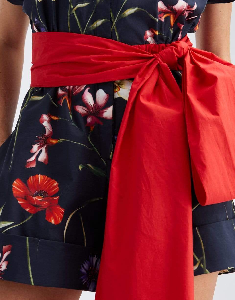 OSCAR DE LA RENTA-Short Sleeve Belted Floral Romper-NAVY MLT