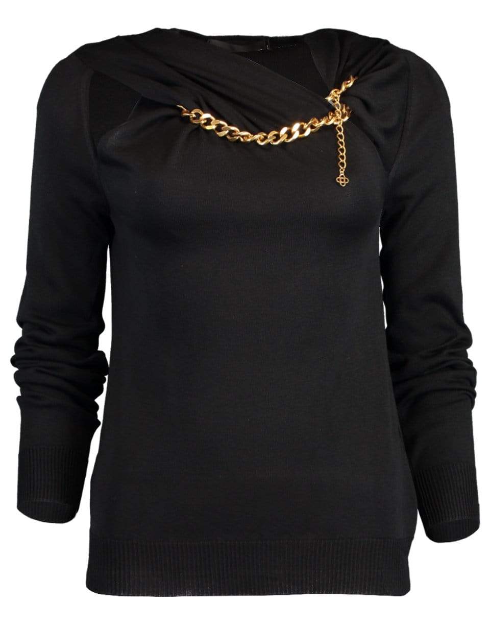 OSCAR DE LA RENTA-Gold Chain Necklace Knit Sweater-