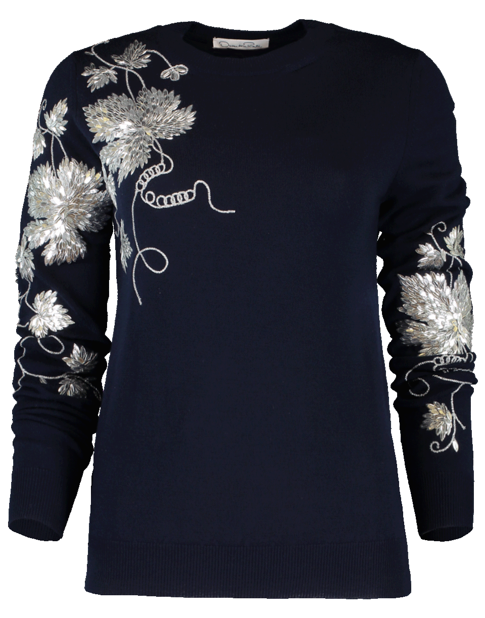 OSCAR DE LA RENTA-Silver Embroidery Crewneck Sweater-
