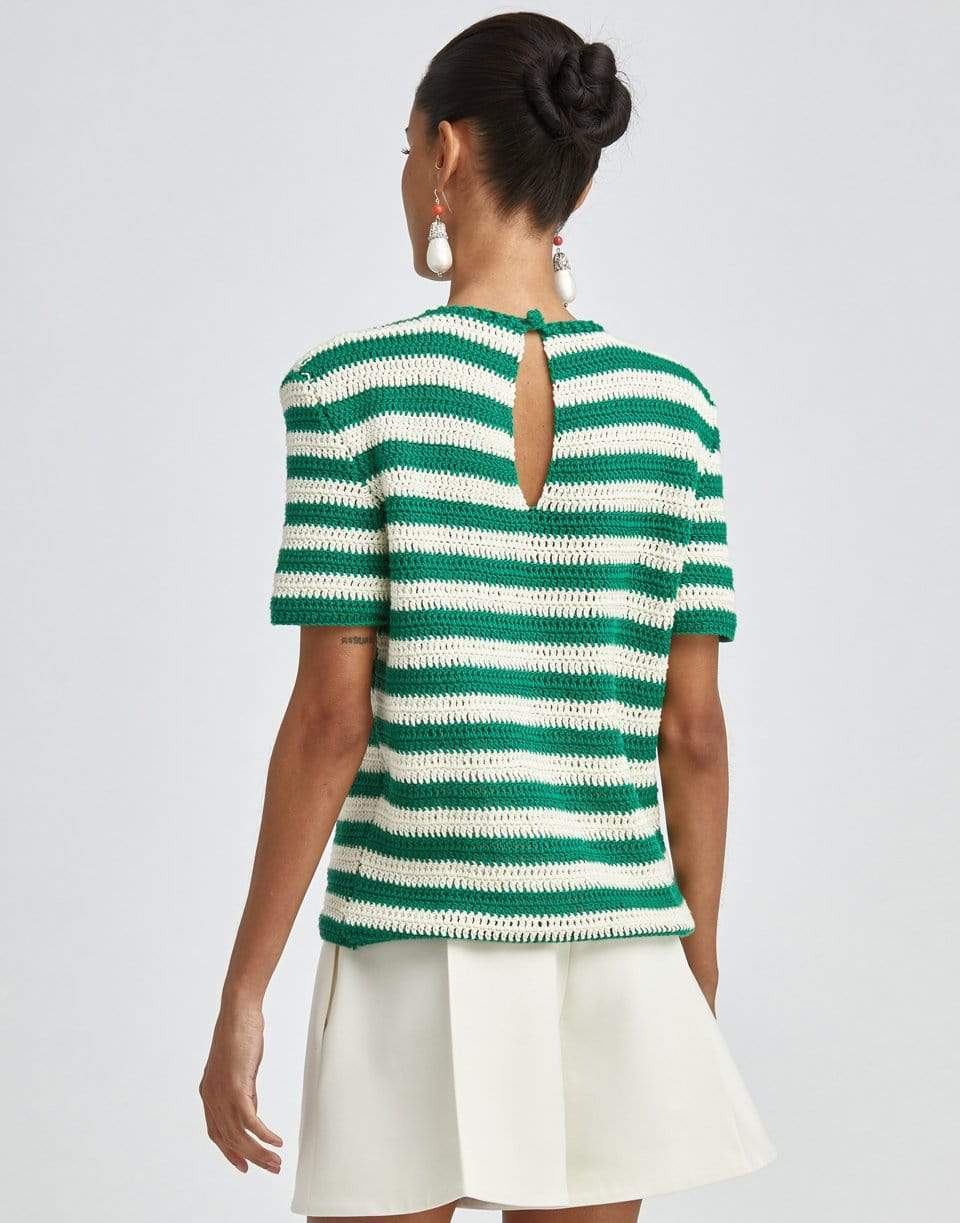 OSCAR DE LA RENTA-Striped Short Sleeve Knit Pullover Top-