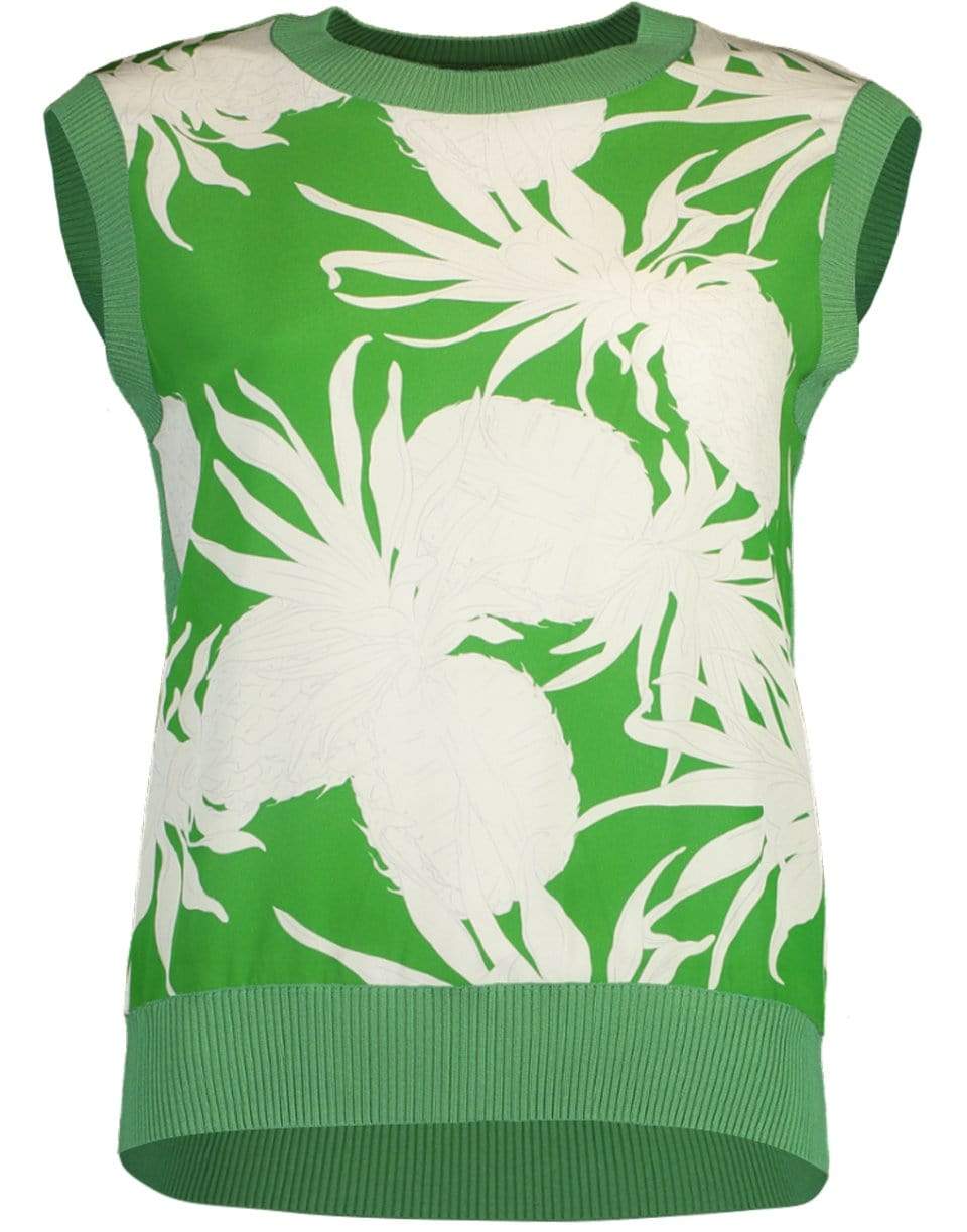 OSCAR DE LA RENTA-Kelly Green Palm Print Sleeveless Crewneck Top-