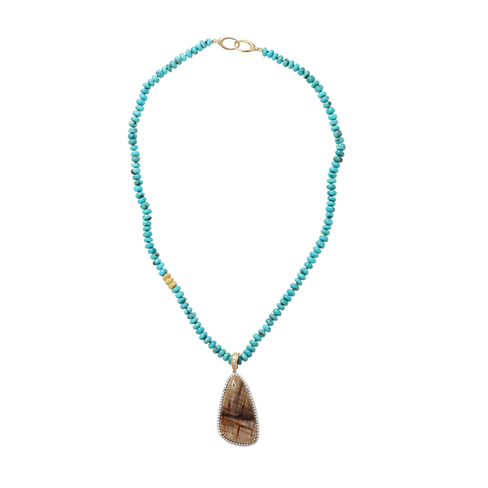 PAMELA HUIZENGA-Petrified Wood And Turquoise Necklace-YELLOW GOLD