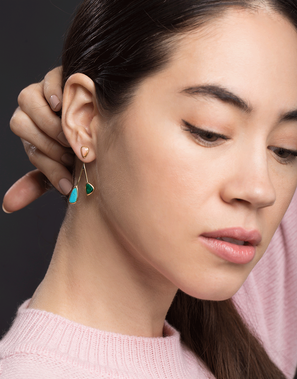 PAMELA LOVE-Pink Opal, Turquoise and Malachite Satellite Earrings-YELLOW GOLD