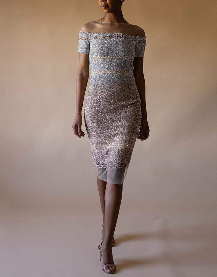 Silver and Gold Ombre Sequin Embroidered Cocktail Dress CLOTHINGDRESSCOCKTAIL PAMELLA ROLAND   