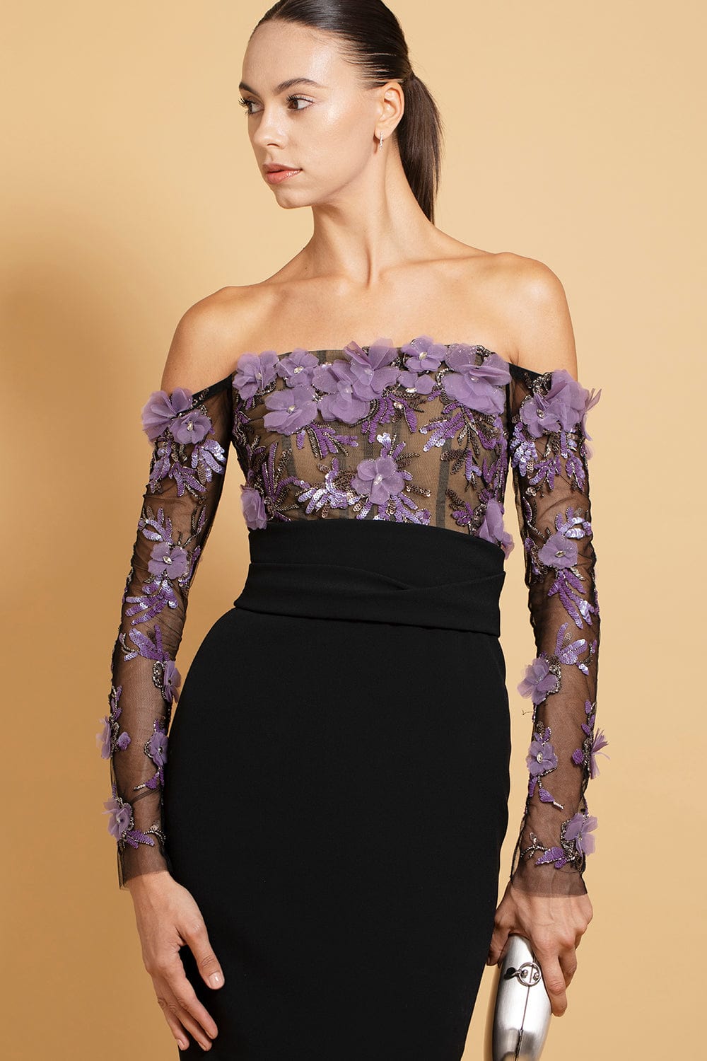 PAMELLA ROLAND-Embroidered Tulle Bodice Gown-BLACK IRIS