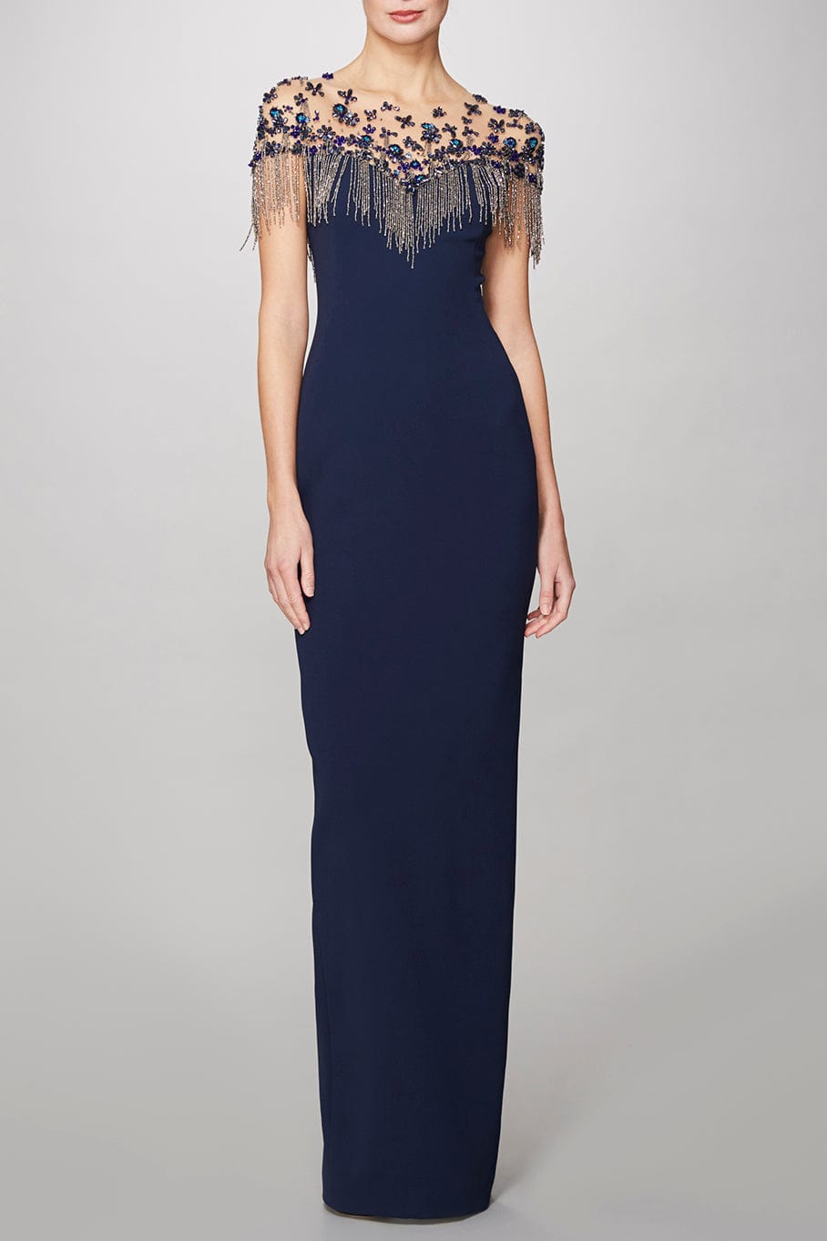 PAMELLA ROLAND-Embroidery Gown With Beaded Fringe-