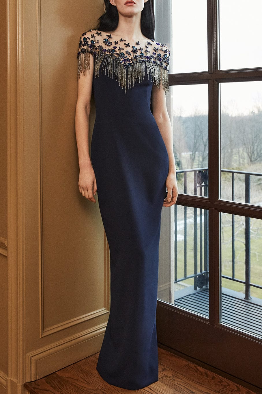 PAMELLA ROLAND-Embroidery Gown With Beaded Fringe-