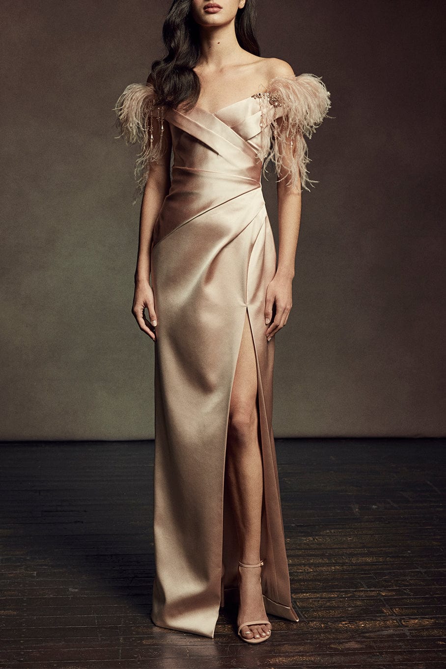 PAMELLA ROLAND-Satin Gown With Feathers-