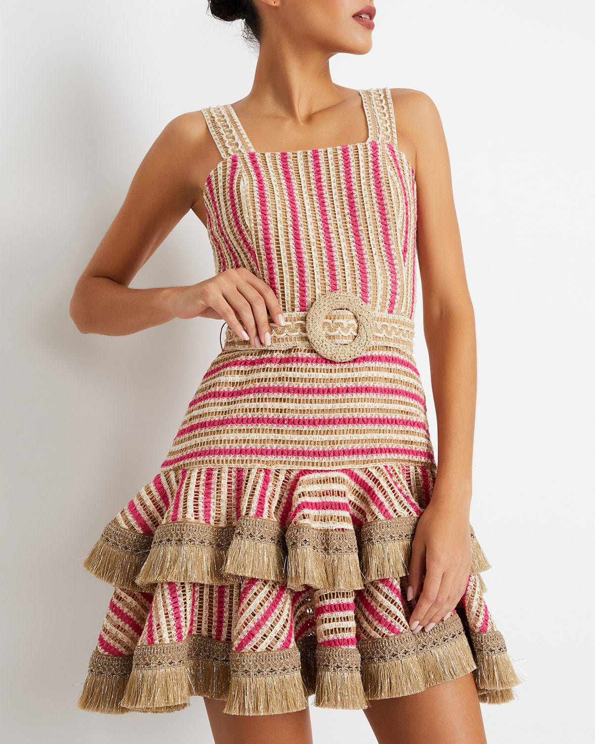 PATBO-Belted Jute Trim Mini Dress-
