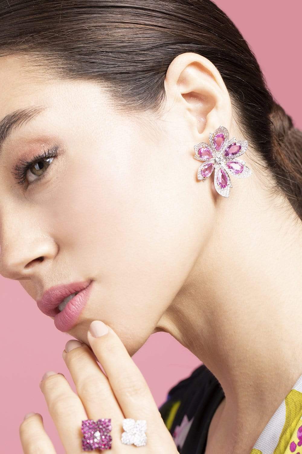 PIRANESI-Pink Sapphire and Diamond Flower Earrings-WHITE GOLD